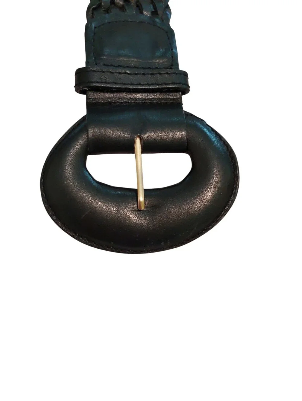 Women's 80s Vintage Black Braided Leather Belt with Rounded Buckle